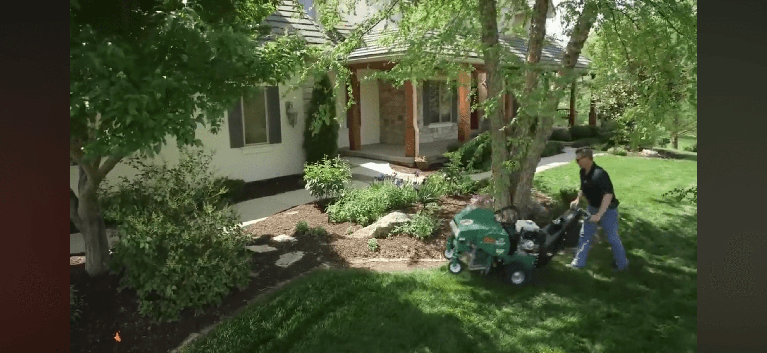 Backyard lawn being core aerated to relieve soil compaction